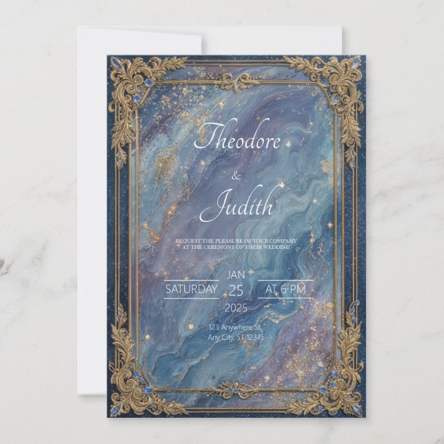 Opulent Gold Baroque Celestial Blue Marble Wedding Invitation (Front)