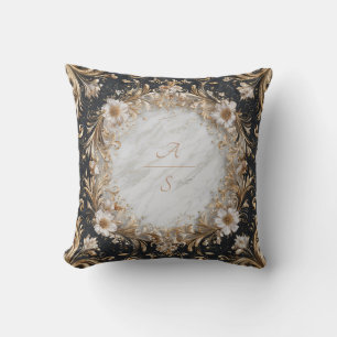 Opulent Gold Baroque Floral Black Marble Cushion