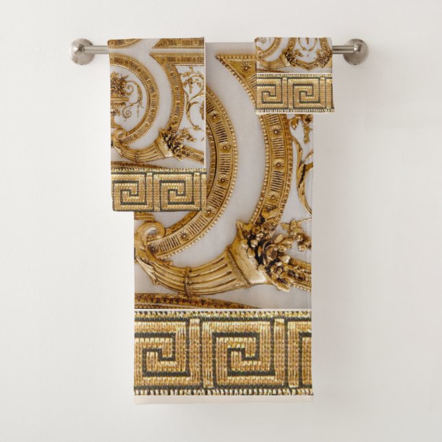 Opulent gold baroque print bath towel set (Insitu)