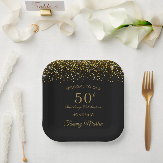 Opulent Gold Confetti 50th Birthday Paper Plates (Wedding)