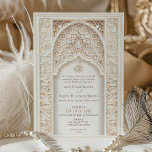 Opulent Gold & Cream Muslim Wedding Invitation<br><div class="desc">Behold the epitome of elegance with this opulent Islamic wedding invitation, which intricately weaves together the grandeur of gold and the purity of cream. The front presents a sophisticated frame of cream-coloured florals and gold geometric patterns, highlighted by a graceful Islamic calligraphy centerpiece. This exquisite design is reminiscent of the...</div>