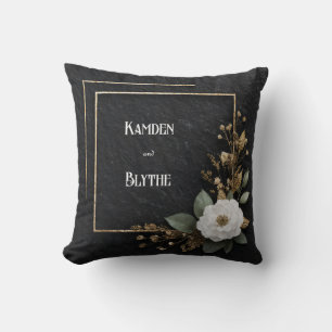 Opulent Gold Frame White Flower Black Slate Cushion