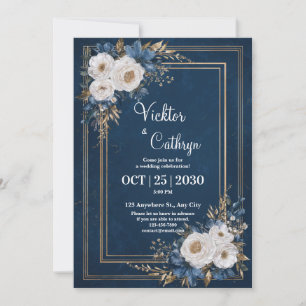 Opulent Gold Navy Blue White Rose Floral Wedding Invitation