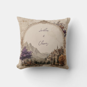 Opulent Gold Oval Castle Purple Tree Wedding Cushion