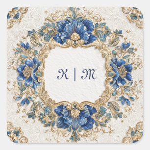 Opulent Gold Royal Blue Baroque Floral Round Frame Square Sticker