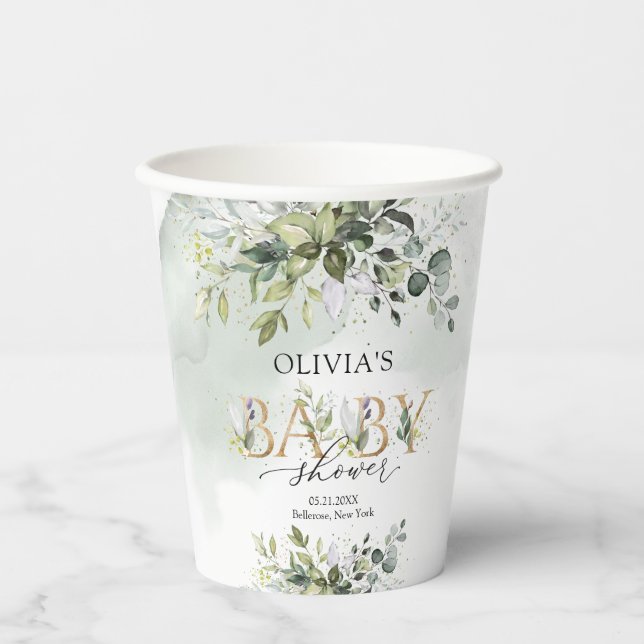 Opulent greenery foliage gold letters Baby Shower Paper Cups (Front)