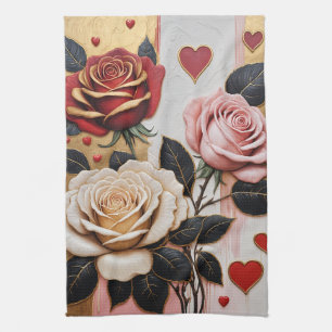 Opulent Hearts and Roses Tea Towel