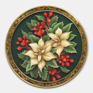 Opulent Holly and Ivy Poinsettia Classic Round Sticker