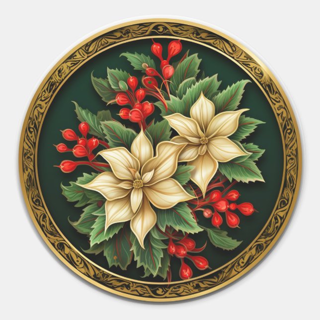 Opulent Holly and Ivy Poinsettia Classic Round Sticker (Front)