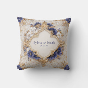 Opulent Indigo Blue Gold Baroque Quatrefoil Frame Cushion