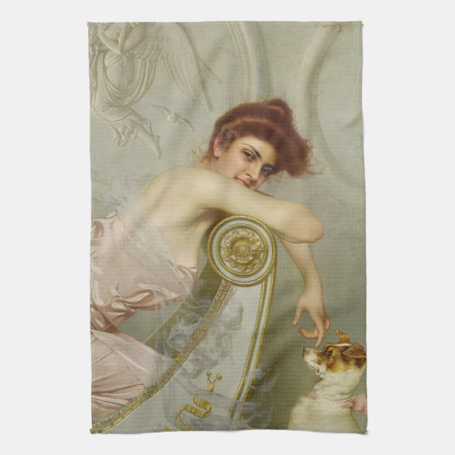 Opulent Lady Playfully Teasing Her Puppy Dog Tea Towel (Vertical)