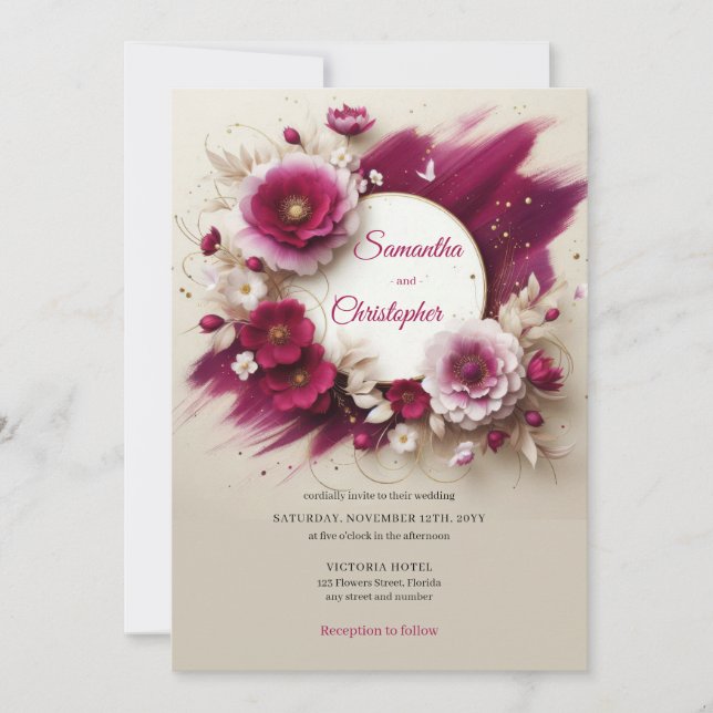 Opulent magenta flowers and gold frame wedding invitation (Front)