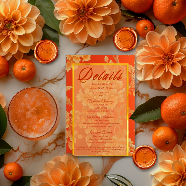 Opulent Mandarin Orange Floral Wedding Details Enclosure Card (Elegant Mandarin Orange Floral  Details Enclosure Wedding Card )