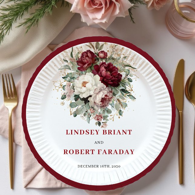 Opulent Maroon Floral Eucalyptus Gold Plates (Opulent Maroon Floral Eucalyptus Gold Plates)