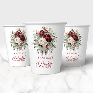 Opulent Maroon Floral Gold Bridal Shower Paper Cup