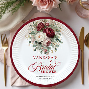 Opulent Maroon Floral Gold Bridal Shower Paper Plate