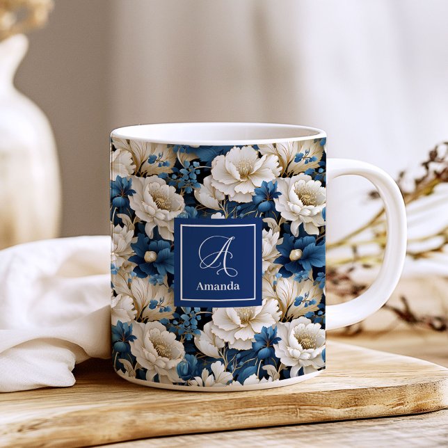 Opulent Navy Blue Flowers Custom Name Coffee Mug (Opulent Navy Blue Flowers Custom Name Coffee Mug)