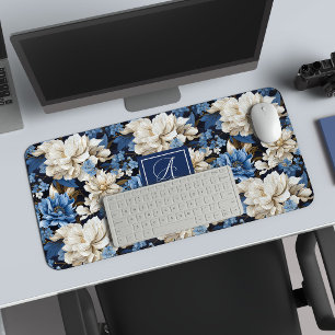 Opulent Navy Blue Flowers Custom Name Desk Mat