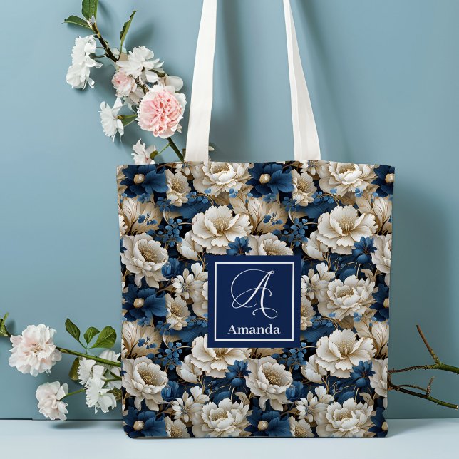 Opulent Navy Blue Flowers Custom Name Tote Bag (Opulent Navy Blue Flowers Custom Name Tote Bag)