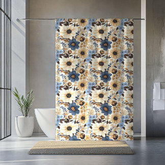 Opulent Navy Blue Ivory Floral Boho Home Curtain