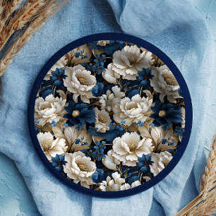 Opulent Navy White Ivory Floral Elegant Paper Plate