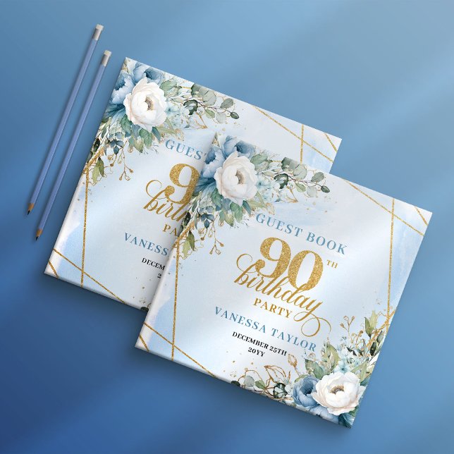 Opulent Pastel Blue Gold 90th Birthday Sign In Guest Book (Opulent Pastel Blue Gold 90th Birthday Sign In)