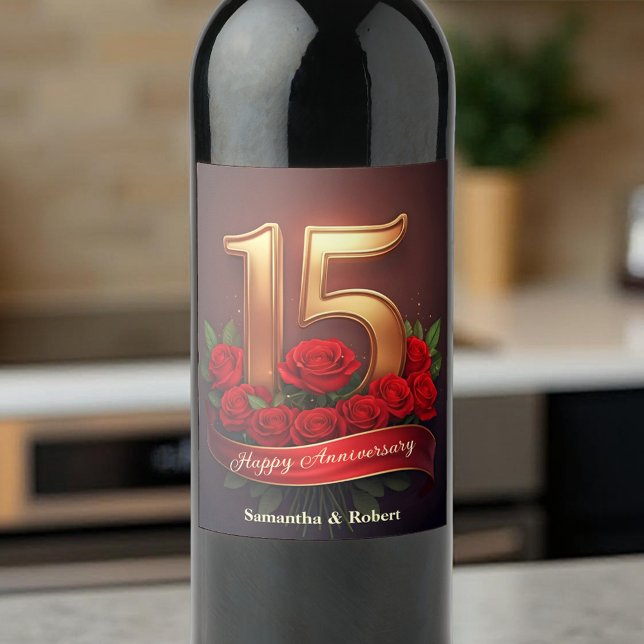 Opulent Red Roses Gold 15th Wedding Anniversary Wine Label (Creator Uploaded)