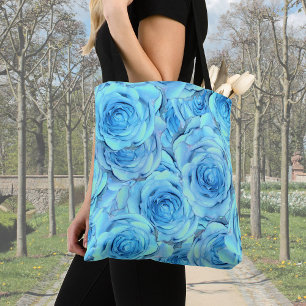 Opulent rose design in turquoise tote bag