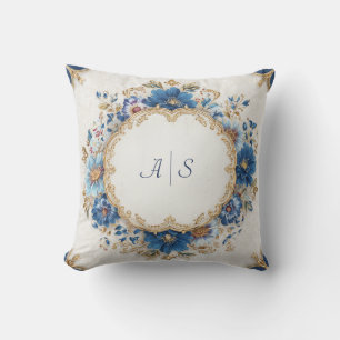 Opulent Royal Blue Gold Rococo Floral Round Frame Cushion