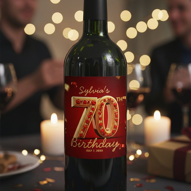 Opulent Ruby Red Gold Glitter 70th Birthday Wine Label (Creator Uploaded)
