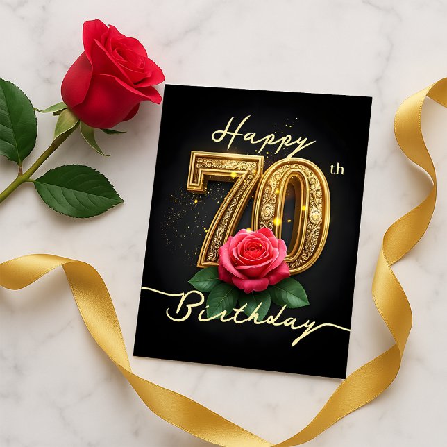 Opulent Shiny Gold 70th Birthday Rose Script  Postcard (Creator Uploaded)