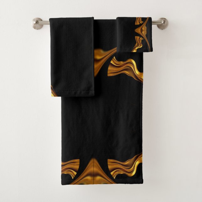 Opulent Swirl Liquid Gold Black Designer Christi Bath Towel Set (Insitu)