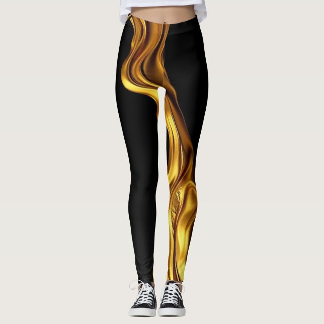 Opulent Swirl: Liquid Gold Black Monochrome Art    Leggings (Front)