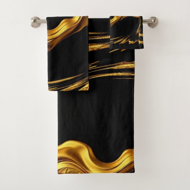 Opulent Swirl Liquid Gold Black Monochrome Christi Bath Towel Set (Insitu)