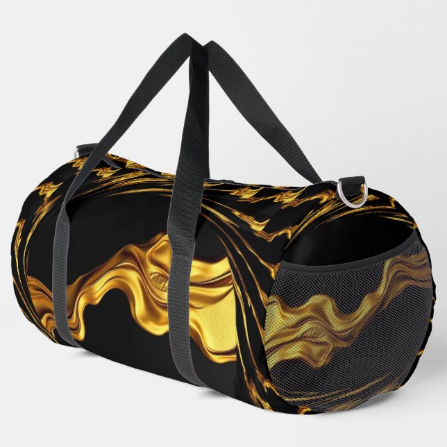 Opulent Swirl Liquid Gold Black Monochrome Christi Duffle Bag (Right Corner)