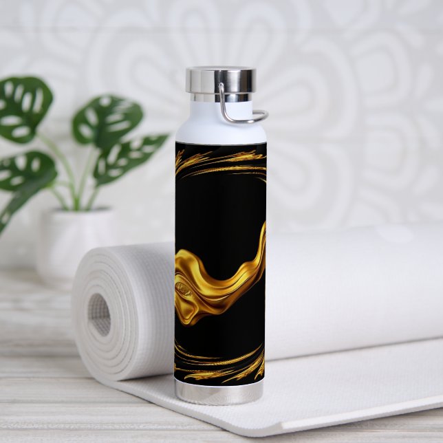 Opulent Swirl Liquid Gold Black Monochrome Christi Water Bottle (Yoga (Rotated))