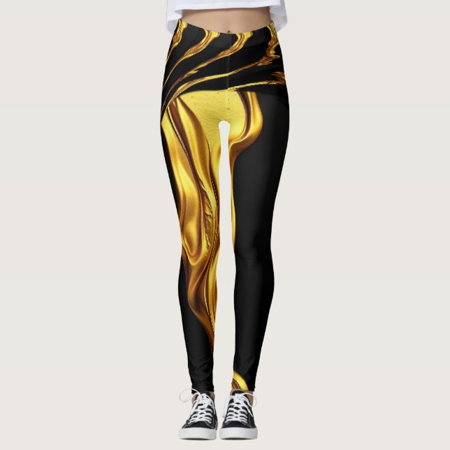 Opulent Swirl Liquid Gold Black Monochrome  Leggings (Front)