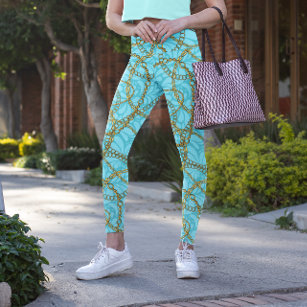 Opulent Teal Leggings with Golden Chains
