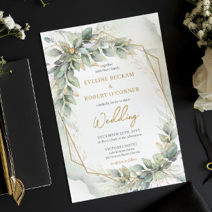 Opulent watercolor green eucalyptus gold wedding invitation