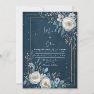 Opulent White Rose Gold Navy Blue Wedding Invitation