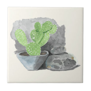 Opuntia Cactus Watercolor Painting Ceramic Tile