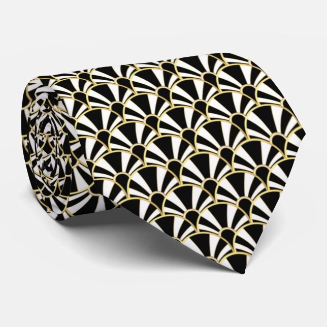 OPUS Art Deco Gold-White-Black Fan Tie (Rolled)