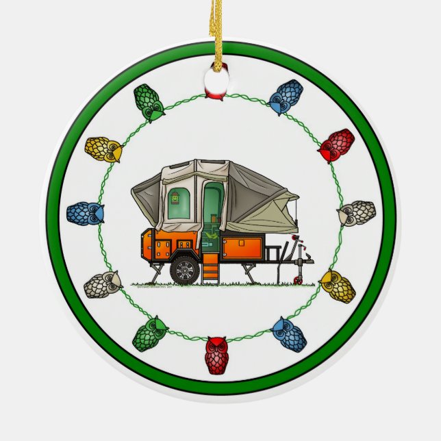 Opus Pop Up Camper RV happy camper Ceramic Tree Decoration (Back)