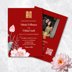 OR Code Photo Lotus Chinese Wedding Invitation