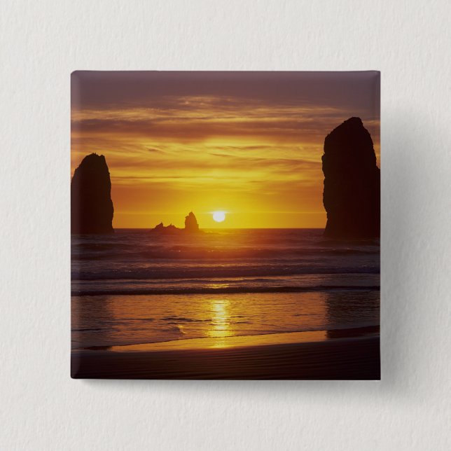 OR, Oregon Coast, Cannon Beach, seastacks at 2 15 Cm Square Badge (Front)