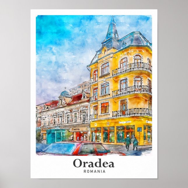 Oradea Romania Travel Watercolor Hand Drawn Poster (Front)