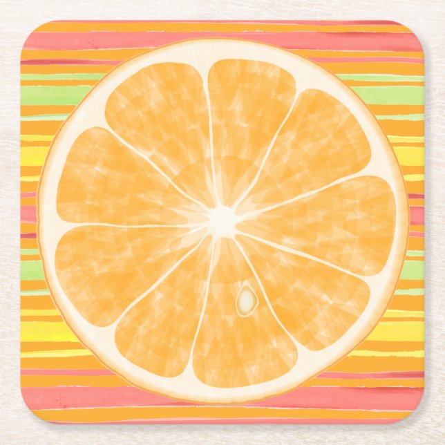 Orang Citrus Slice on Stripes Square Paper Coaster (Front)