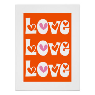 Orang retro LOVE typography with pink hearts Poster