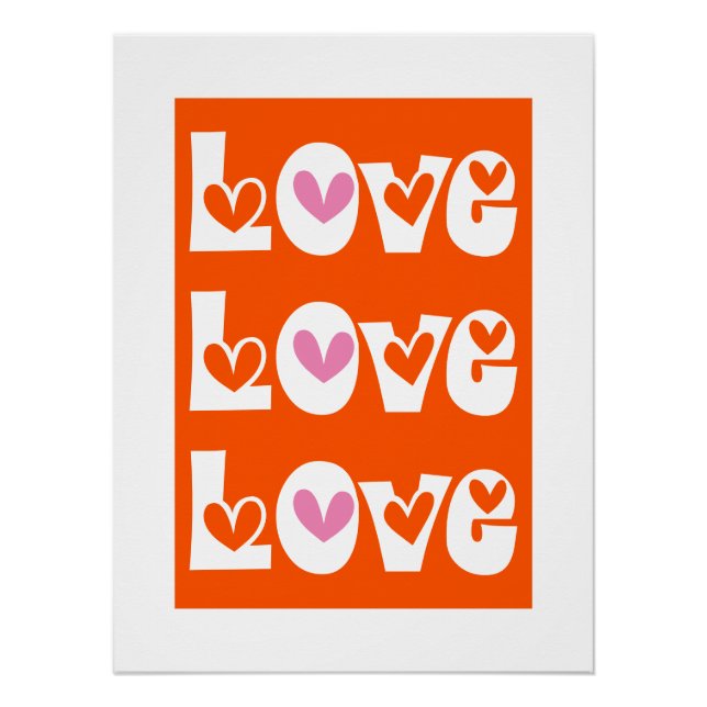 Orang retro LOVE typography with pink hearts Poster (Front)