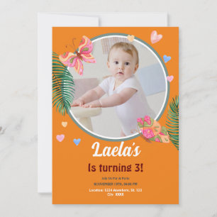Orange1st Birthday Butterfly Invitation with Photo